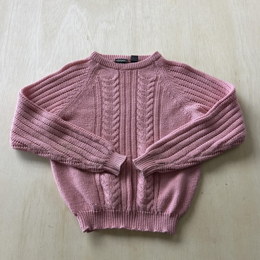 Vintage FABRIANO Sweater Womens Medium Pink Crew Neck Cable-Knit Raglan Sleeve
